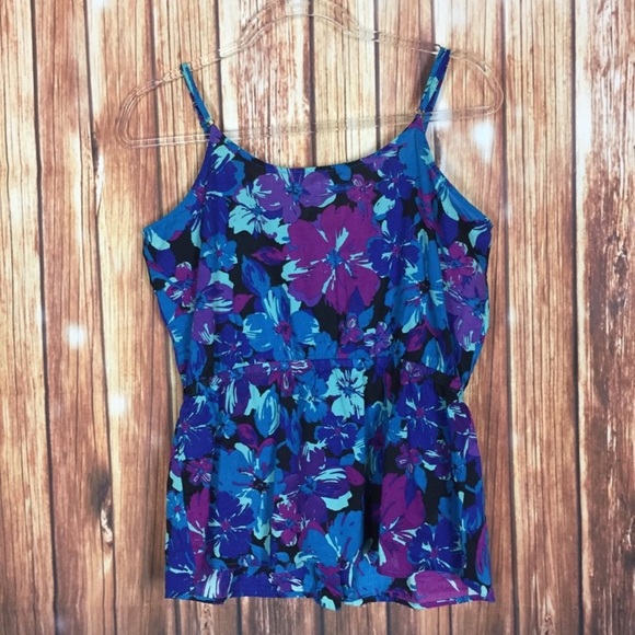 Kirra Floral Peplum Purple Blue Button Front Tank - Picture 2 of 5